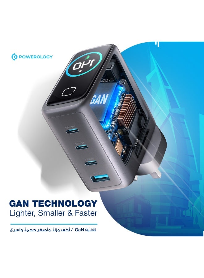 Powerology GaN Wall Charger with 140W PD Charging, 3USB-C&USB-A, Smart TFT Display, 240W USB-C to USB-C 1m Cable, Fast Charging GaN Wall Charger with Temperature Control, Foldable UK Plug, Simultaneous Charging - Image 3